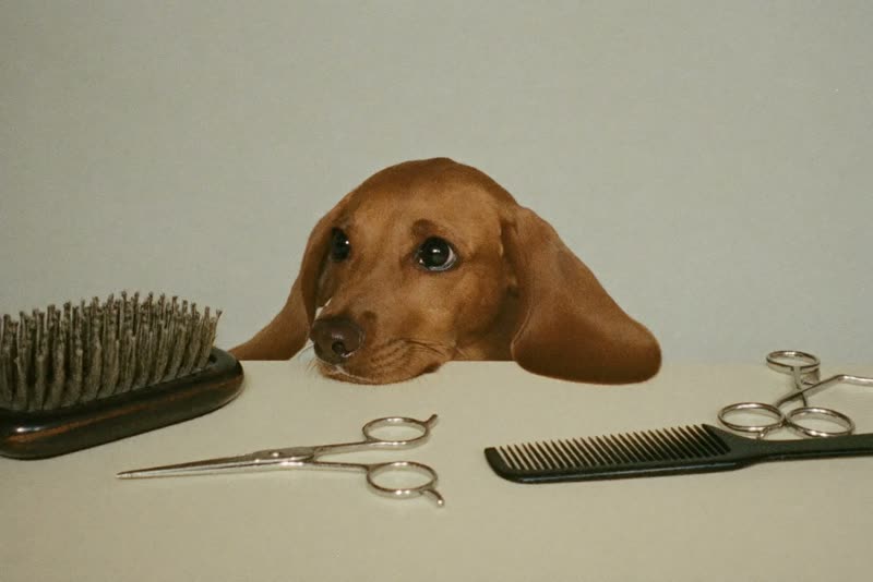 Clippers, scissors, a comb and a slicker brush laid out on a pale surface